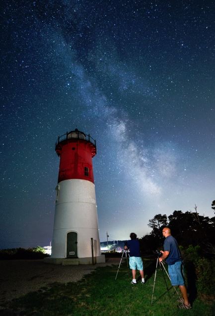 Students in one of Tim Little's night photography workshops capture the Milky Way over Nauset Light.