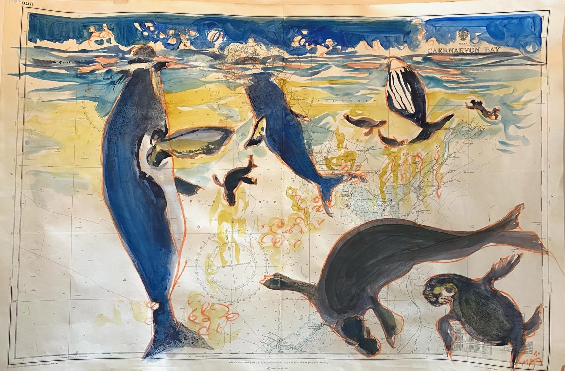 A painting by Mark Adams of Truro titled, Caernarvon Bay, Wales - Humpbacks Asleep, that was completed in 2020. It is acrylic, ink, and graphite on a vintage map. 
