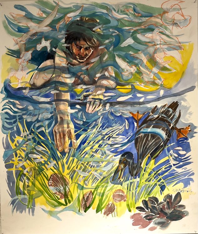 Mark Adams's acrylic and ink on paper painting titled Gathering Scallops with Cormorant.