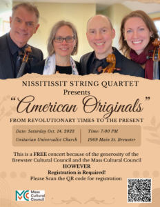 The Nissitissit String Quartet brings “American Originals,” to Cape Cod on Saturday, October 14, 2023 at 7:00pm.